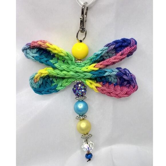 Hand Crafted Accessories - Artisan Dragonfly Vintage Beads Keychain Colorful Crochet Wings Purse Charm